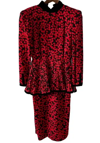 Vintage 80s 100% Silk Dress Pleated Peplum boss secretary size Small S Red