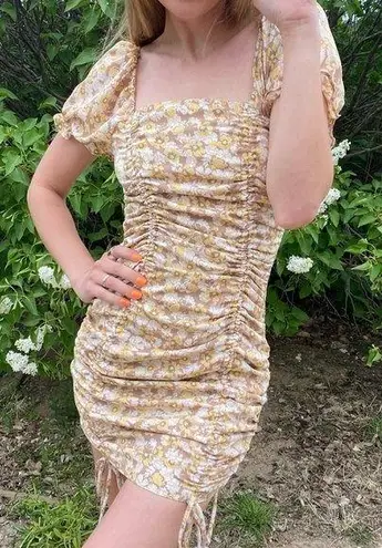 Earth Tone Retro 70s Floral Ruched Mini Dress with Puffy Sleeves Size undefined