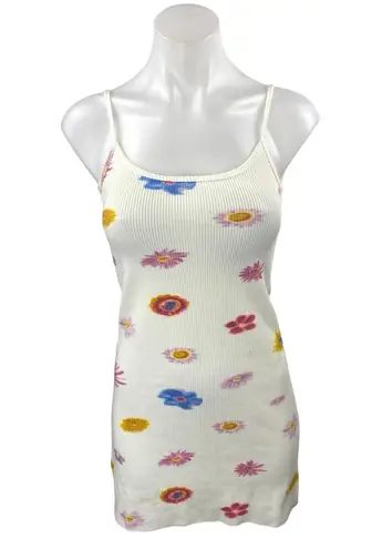 Unif NEW White Floral Knit Sleeveless Cami Camisole Mini Tank Bodycon Dress XS