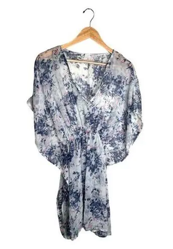 Floral Cover Up One Size Sheer White Blue Purple Knee Length V Neck Lightweight