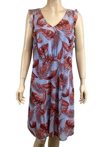 CAbi  Tropical Print Dress V-Neck Sleeveless Ruffle Trim Size Small Blue & Red