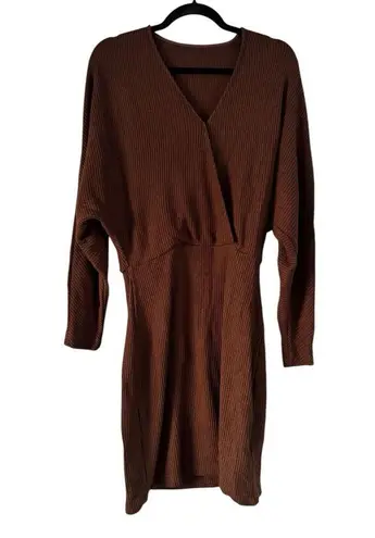 NWT OGL Chestnut Brown Ribbed Surplice Batwing Long Sleeve Knit Dress Size Large