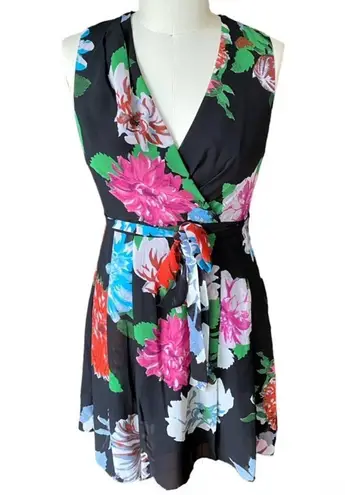 NWT ~ KIRNA ZABETE Black Multicolor Top Wrap Floral Dress ~ Women's Size 10