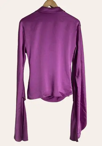 Simkhai Purple Paradisa Satin Long Sleeve Collared Wrap Top Size 4