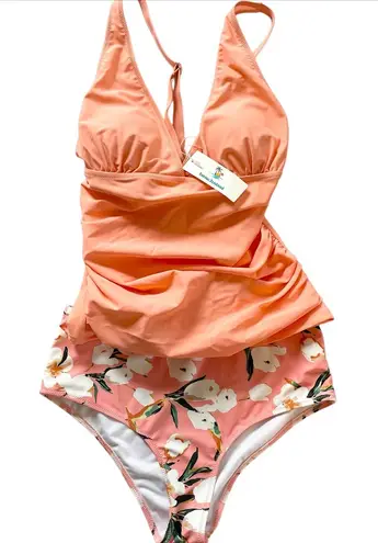 Beachsissi Tankini Swimsuit Floral High Waist Tummy Control Peach Pink M Summer
