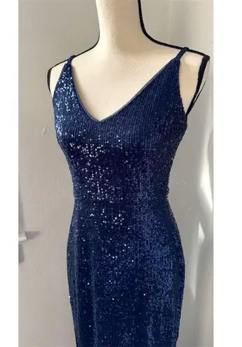 Donna Morgan Navy Blue Sequin V-Neck Midi Dress Womens Size 2 Formal Slit