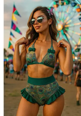 FABLES By BARRIE Custom Metallic Peacock Ruffled Festival Rave Party Bikini Sz S Green