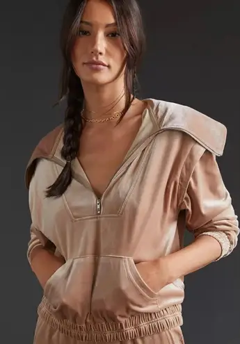 Current Air NWT Oversized Collar Velour Pullover Shirt 1/4 Zip Taupe Tan Small