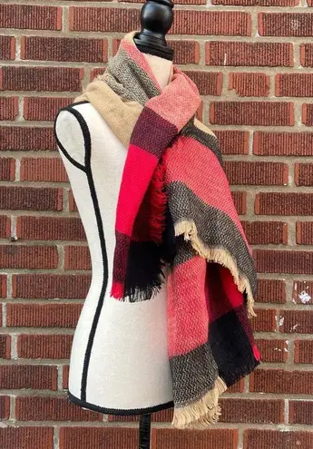 Oversized Plaid Fringe Warm Cozy Winter Fall Scarf Red Black Tan