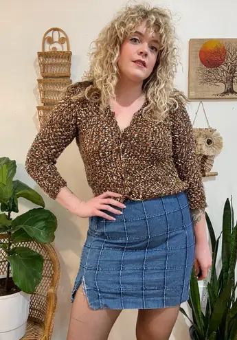 90s Boucle Knit Square Button Crop Cardigan Brown Size M