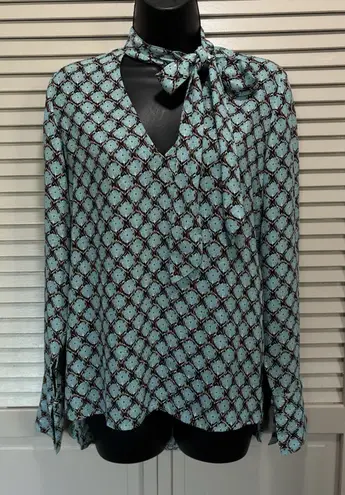Chelsea 28 Teal/Brown Floral Chiffon Tie Long Sleeve Button Up Blouse Size XS