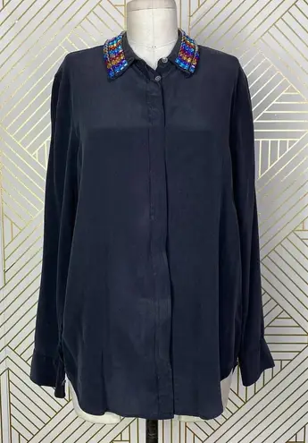 Equipment Rainbow Jeweled Collar Silk Button-Down Blouse Gray Size US Small