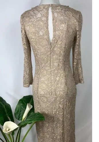 London Times Golden Tan Lace Overlay Midi Dress Rosegold Rhinestone Neck Size 4