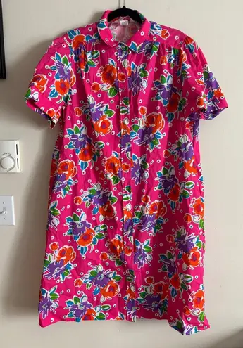 VTG EUC 70s Evelyn Pearson XL Pearl Snap House Dress Floral Pockets Hot Pink