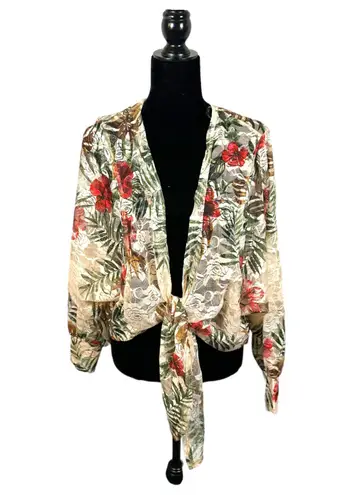 Ember Sheer Tropical Tie Front Oversized Topper Layer Blouse Medium NEW