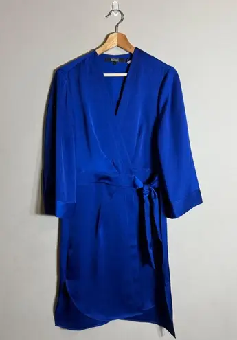 Badgley Mischka Side Tie Satin Duster Tunic Dress Women's Small Blue Mini Wrap