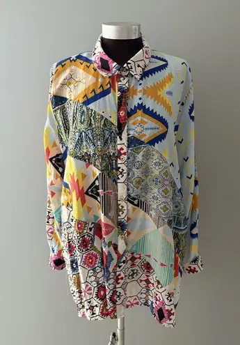 Calessa Top Size 1X Multicolor Aztec Button Front Southwestern Abstract Roll Tab Blue