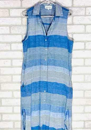 Bella Dahl Frayed Hem Duster Blue Striped Maxi Dress Linen Blend Size S