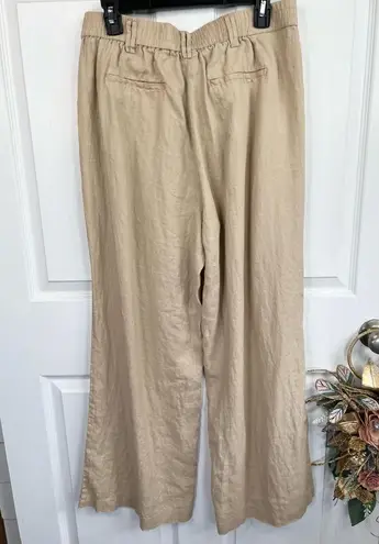 Magaschoni Linen Pants Size L Tan Wide Leg Pleated Elastic Waist Relaxed Fit