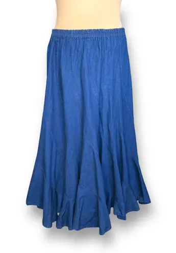 90s Alfredo’s Wife Denim Maxi Skirt Blue Tiered Flowy Boho Medium Wash Jean