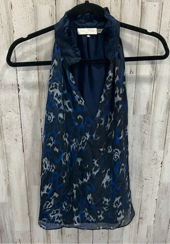 Ramy Brook Blue Allymay Sleeveless Mock Ruffle Leopard Top Blouse Silk Small