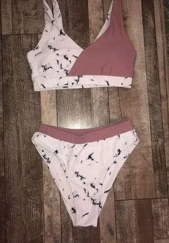 Romwe 💕5️⃣  white marble and pink-ish mauve high waisted bikini