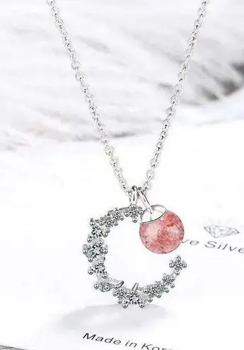 Sterling Silver 925  crescent strawberry crystal necklace women's high-end light luxury 2023 new style peach blossom clavicle chain ins lettering