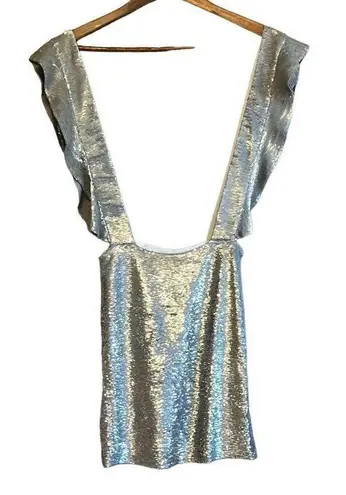 IRO  Dwino Silver Ruffled Suspenders Overalls Sequin Mini Skirt Size XXS