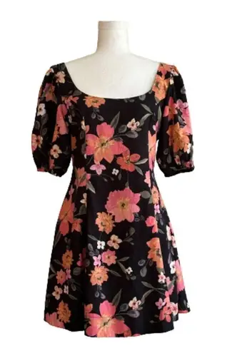 Olivaceous Oliveceous Mini Dress Black Orange Pink Floral Linen Blend Puff Sleeve Medium