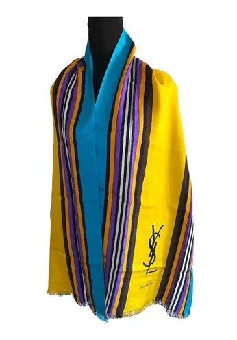 Yves Saint Laurent Multi Color Striped Silk Scarf Shawl Wrap 17”x 64” Vintage Blue