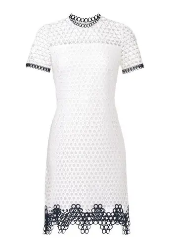 Shoshanna Geo Lace Carter Crochet Mini Dress Eyelet Lacy White Navy Trim Preppy