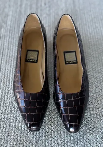 Vintage Nina Dark Brown Crocodile Patent Low Block Heel Ballet Flats Sz 7.5 thumbnail 1