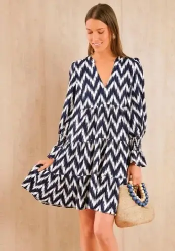 Pomander Place Tuckernuck Navy Ikat Kenzo Dress Size Medium Navy/White Tiered White