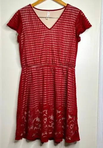 PerSeption Concept Burgundy Maroon Dress Medium Lace Overlay V Neck Short Sleeve