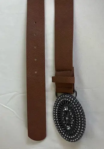 Brown Faux Leather Belt Silver Rhinestone Buckle Western Boho L/XL