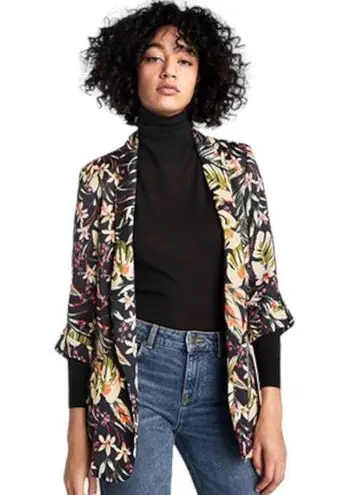 ZARA  Satin Floral Printed Open Front Long Blazer Jacket Women Green Size XS