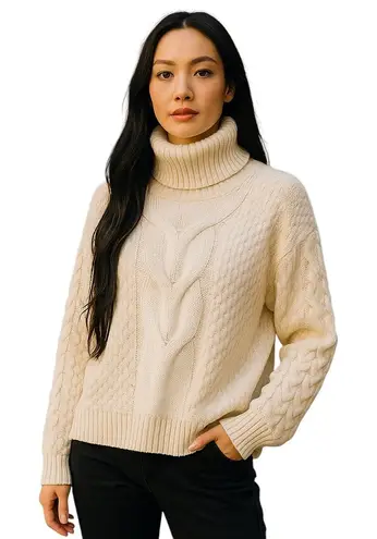 Woven Heart Cream Chunky Knit Turtleneck Sweater M NWT | Cable Sleeve Pullover