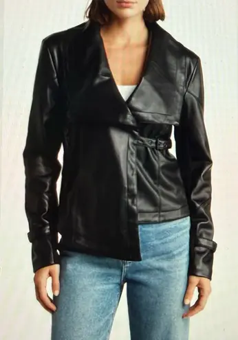 Draped Faux Ponte Black Leather Moto Jacket Asymmetrical for Women Small