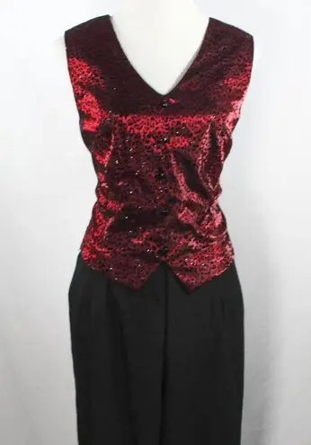 Vintage 1990s Red Black Faux Vest Jumpsuit with Blazer Leopard Animal Print Size 14