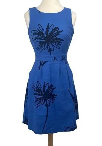 Boden Fit & Flare Dress Flattering Blue Textured Black Floral Printed Womens 4