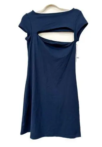 Susana Monaco navy blue dress, chest & back cutout, body con A line, cap sleeve