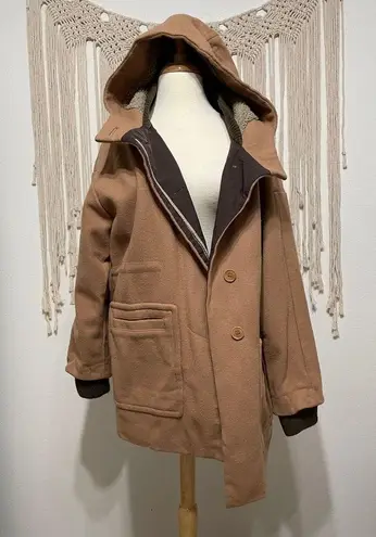 BCBG Maxazria | Tan Wool Blend Faux Fur Hooded Coat