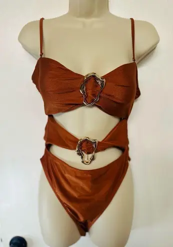 Commense metal Detail Brown One Piece Swim Suit Size L NWT! Size L