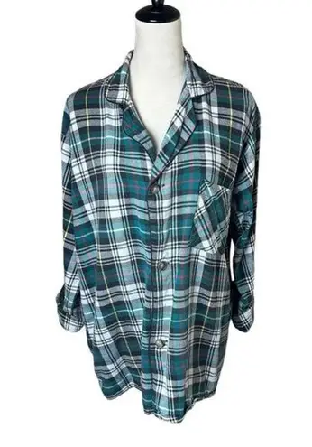 90s Vintage Hill & Archer Green Plaid Cotton Pajama Flannel Top Grunge Boyfriend Size L