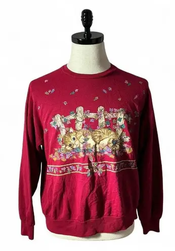 Vintage Cozy Red Cat & Fence Graphic Sweatshirt Women's Long Sleeve Top FLAW Size M