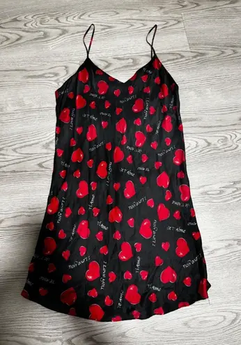Vintage Intimate Style Slip Dress Hearts Print Lingerie Mini Dress Black Medium