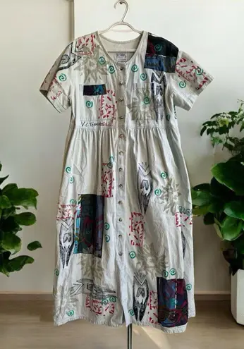 Vtg 1990's VC TORIAS Hand Painted Floral Art To Wear Denim Maxi Dress OS Teacher Size undefined