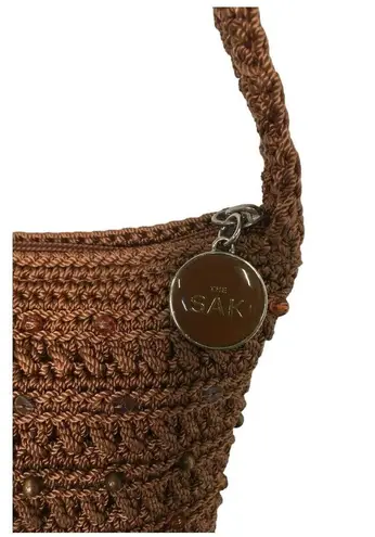 The Sak  Purse Crochet Boho Wooden Bead Sequined Zip Gypsy 70s Brown