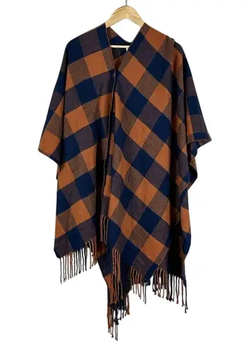 Matilda Jane NWT Poncho Sweater Womens One Size Orange Blue Plaid Fringe Western