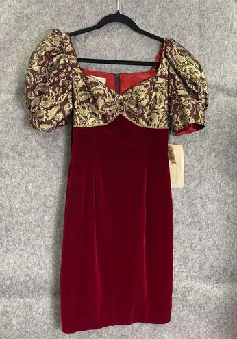 NWT Scott McClintock Velvet Brocade Puff Sleeve Cocktail Dress 90s Vintage Sz 4 Red